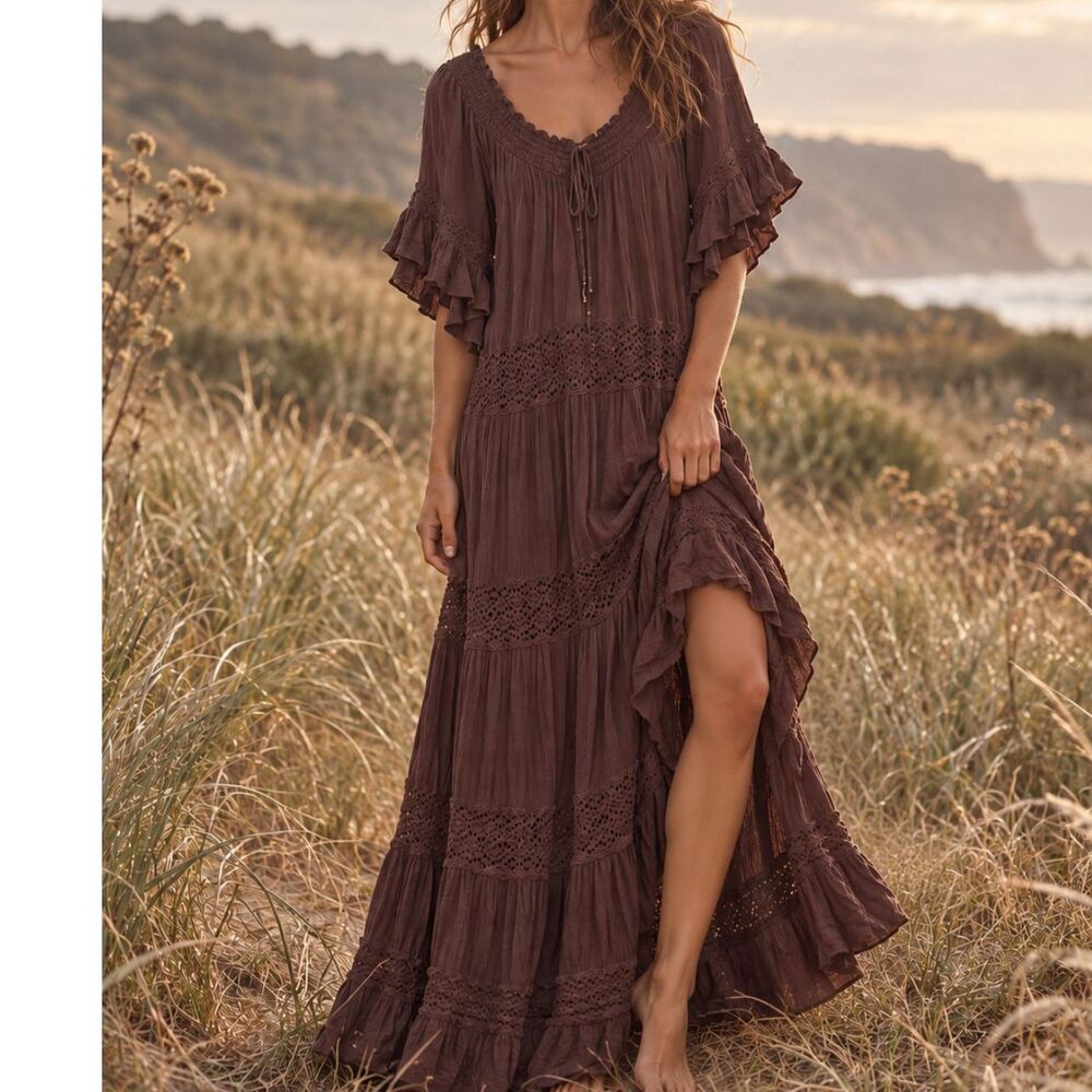 Free People Dream On Maxi Dress M Chocolate Brown Lace Boho Tiered Ruffle